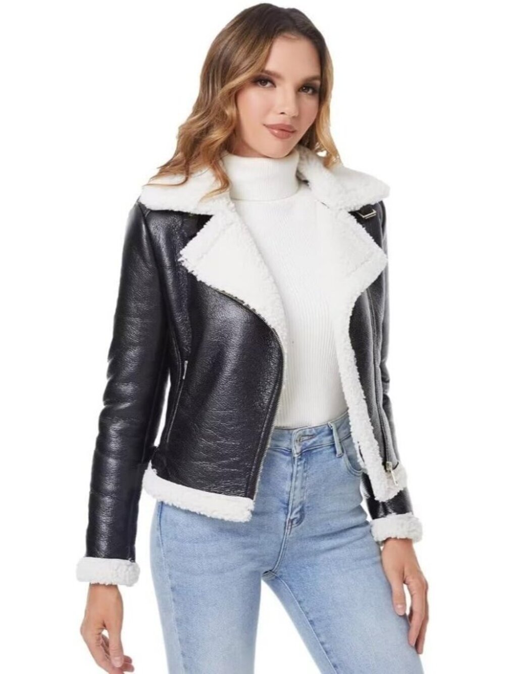 Women's Black Polyurethane Faux Shearing Moto Thick Lined Winter Leather Jacket